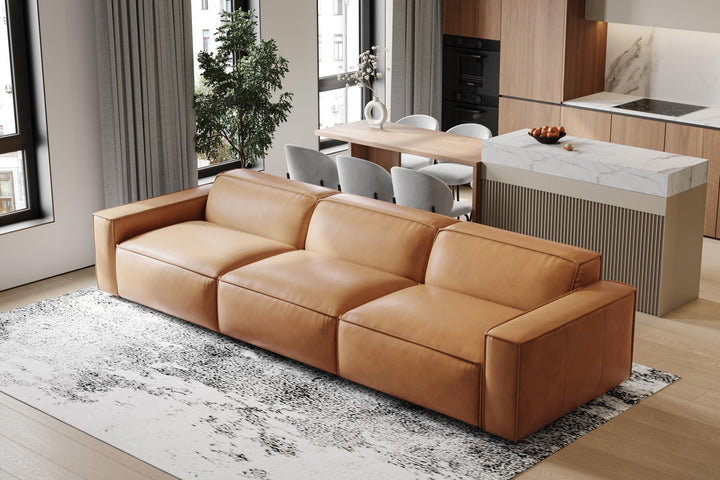 Valencia Nathan Napa Leather Couch - Three Seats Sofa - 100% Full Aniline Leather Modern Sofa for Lounge and Living Room Solid Wood Frame and High-Resilience Foam Couch (Caramel Brown) 