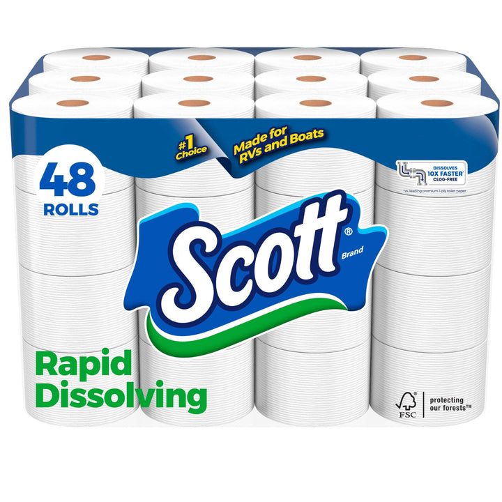 Scott Rapid-Dissolving Toilet Paper, 48 Double Rolls (6 Packs of 8), Sustainable, Septic-Safe, Toilet Paper