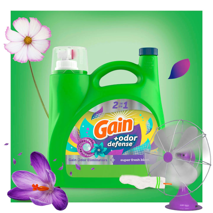 Gain + Odor Defense Liquid Laundry Detergent Super Fresh Blast Scent, HE Compatible, 107 Loads 154 fl oz, Gain Laundry Detergent, Liquid Laundry Detergent