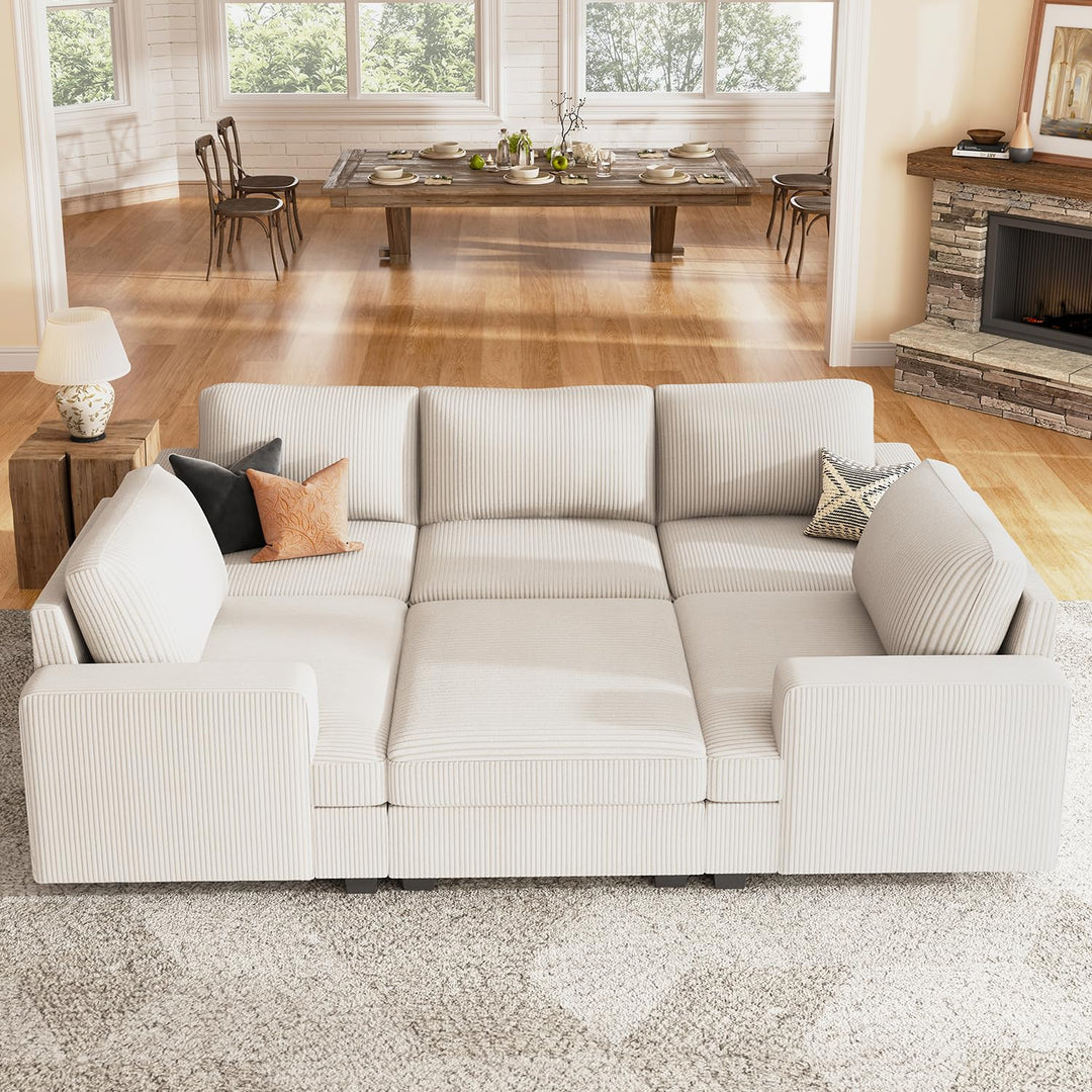 Nolany Modular Sectional Couch with Storage Ottoman, Corduroy Sleeper Sectional Sofa with Chaise, Sectional Couches for Living Room, Beige 