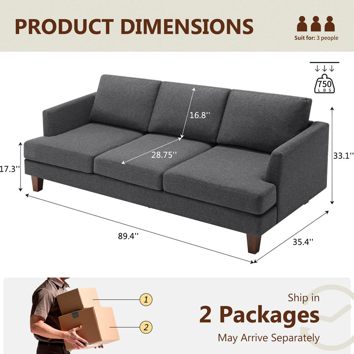 Busaurus 3 Seater Sofa Couch with Deep Seats, 89" Mid Century Modern Upholstered Sofa with Armrests, Comfy Couches for Living Room, Bedroom, Apartment and Office (Dark Grey) 