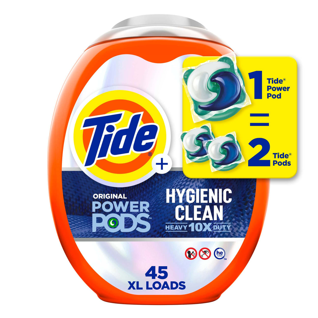 Tide Power PODs Hygienic Clean Heavy Duty Liquid Laundry Detergent Pacs, Free and Clear of Dyes and Perfumes, For Visible and Invisible Dirt, 45 Count, HE Compatible