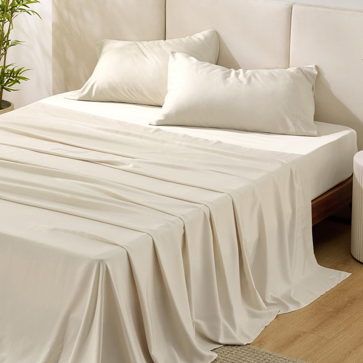 Bedsure Queen Sheets, Rayon Derived from Bamboo, Queen Cooling Sheet Set, Deep Pocket Up to 16", Breathable & Soft Bed Sheets, Hotel Luxury Silky Bedding Sheets & Pillowcases, Light Beige Bedsure