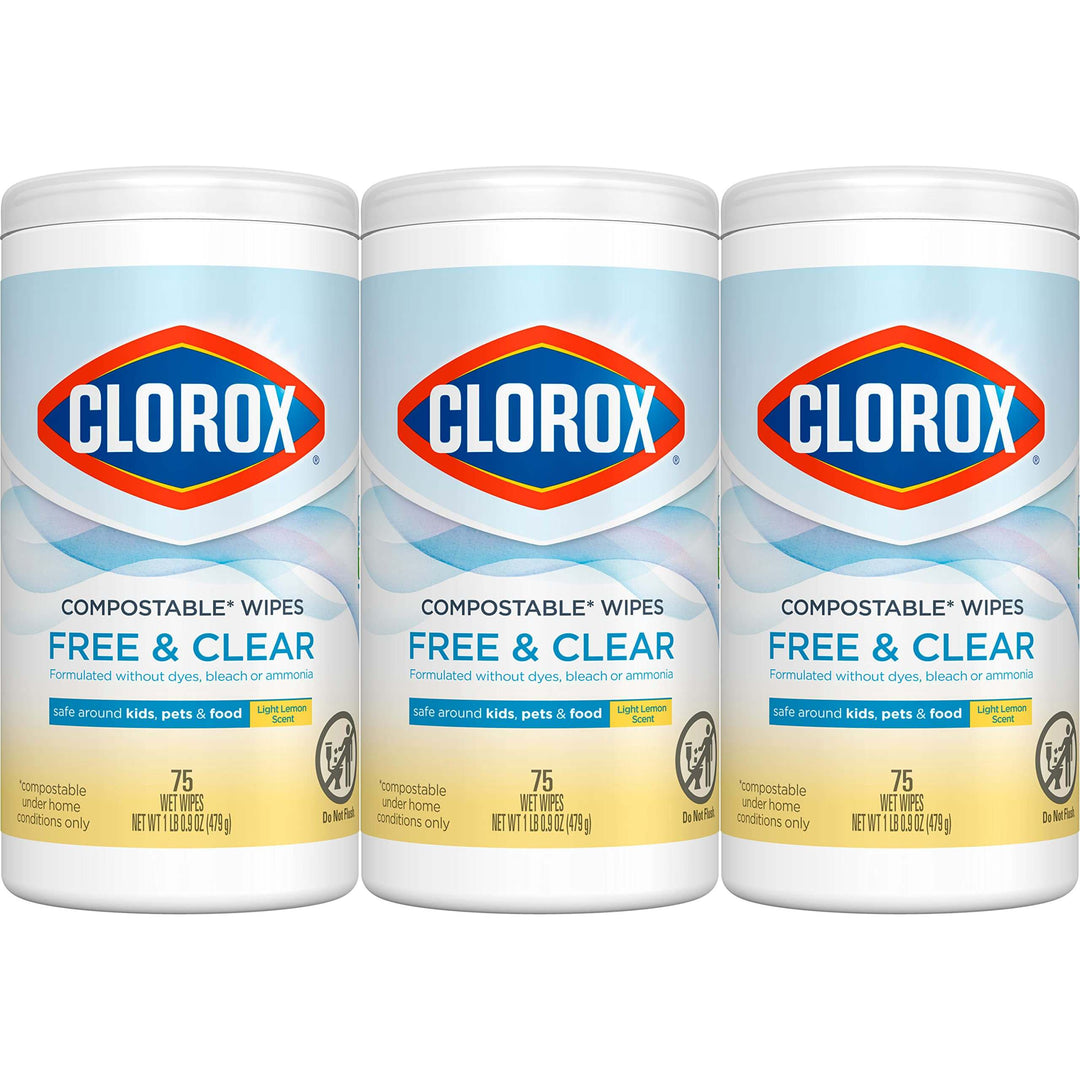 Clorox Free & Clear Compostable Cleaning Wipes, Light Lemon Scent, 75 Count, Pack of 3 (Pack May Vary)