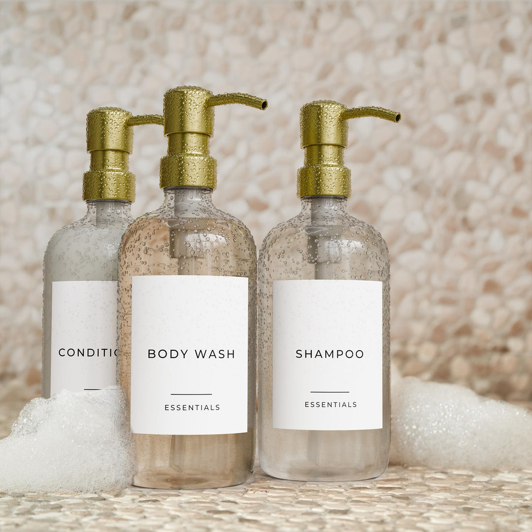 Stylish Shampoo and Conditioner Dispenser Set of 3 - Modern 21oz Shower Soap Bottles with Pump and Labels - Easy to Refill Body Wash Dispensers for an Instant Bathroom Decor Upgrade Clear KIBAGA