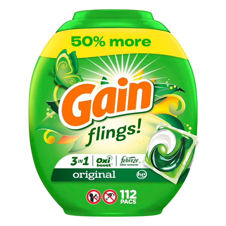 Gain FLINGS Laundry Detergent Pacs, Original Scent, 3 in 1 HE Detergent Pacs with Oxi Boost and Febreeze, 112 Count, Gain Laundry Detergent, Laundry Pacs