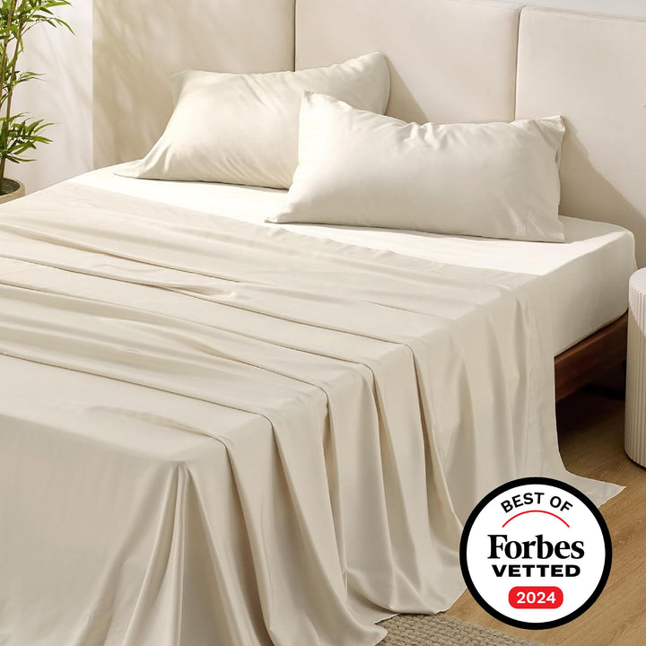 Bedsure Queen Sheets, Rayon Derived from Bamboo, Queen Cooling Sheet Set, Deep Pocket Up to 16", Breathable & Soft Bed Sheets, Hotel Luxury Silky Bedding Sheets & Pillowcases, Light Beige Bedsure