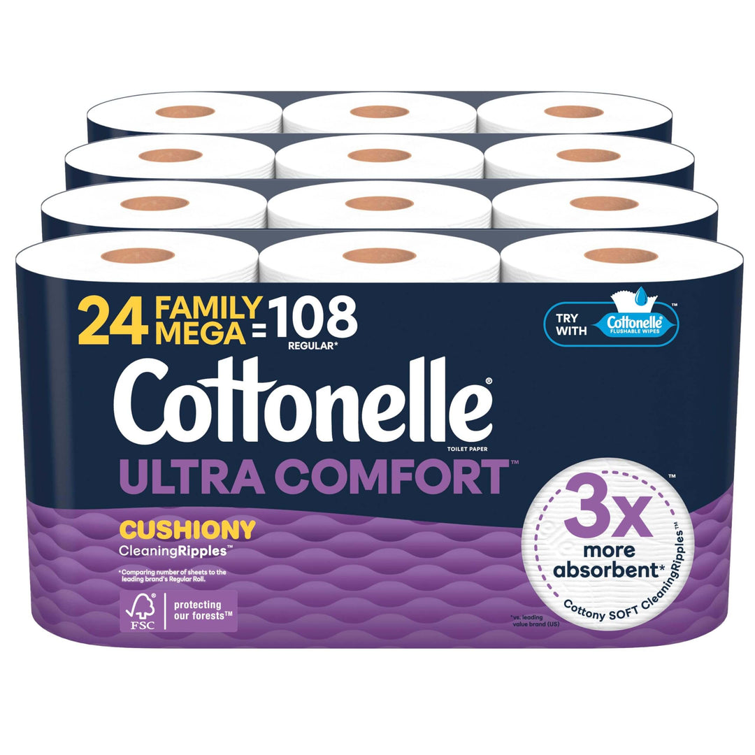 Cottonelle Ultra Comfort Toilet Paper with Cushiony CleaningRipples Texture, Strong Bath Tissue, 24 Family Mega Rolls (24 Family Mega Rolls = 108 Regular Rolls) (4 Packs of 6), 296 Sheets per Roll