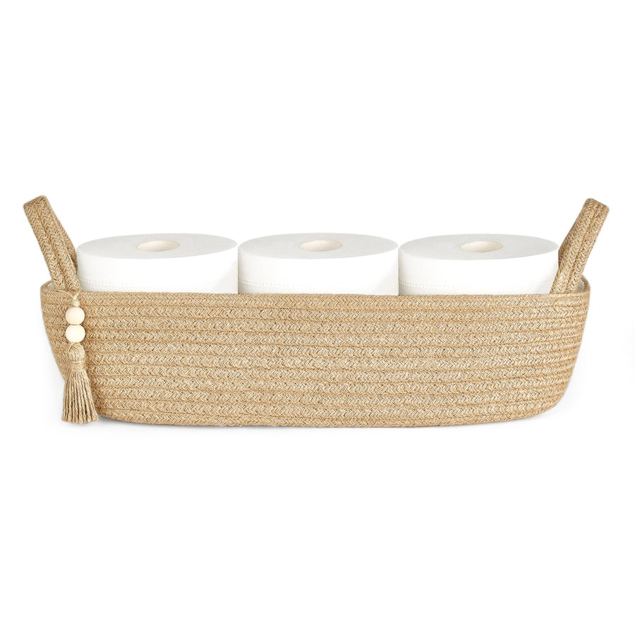 Mkono Small Storage Basket for Toilet Tank Top Boho Bathroom Decor Woven Rope Toilet Paper Tray Back of Toilet Organizer for Shelf Bedroom Living Room, Jute, 1 Pack, 15.7" L x 6" W Mkono