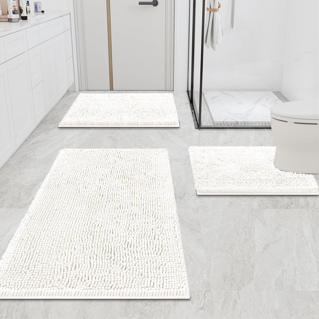 Smiry Luxury Chenille Bath Rug 24''x16'', Extra Soft and Absorbent Shaggy Bathroom Mat Rugs, Machine Washable, Non-Slip Plush Carpet Runner for Tub, Shower, and Bath Room, Ivory Smiry