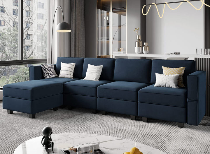 Belffin Modular Sectional Sofa Couch with Reversible Chaise Velvet L Shaped Storage 4-seat Convertible Blue… 