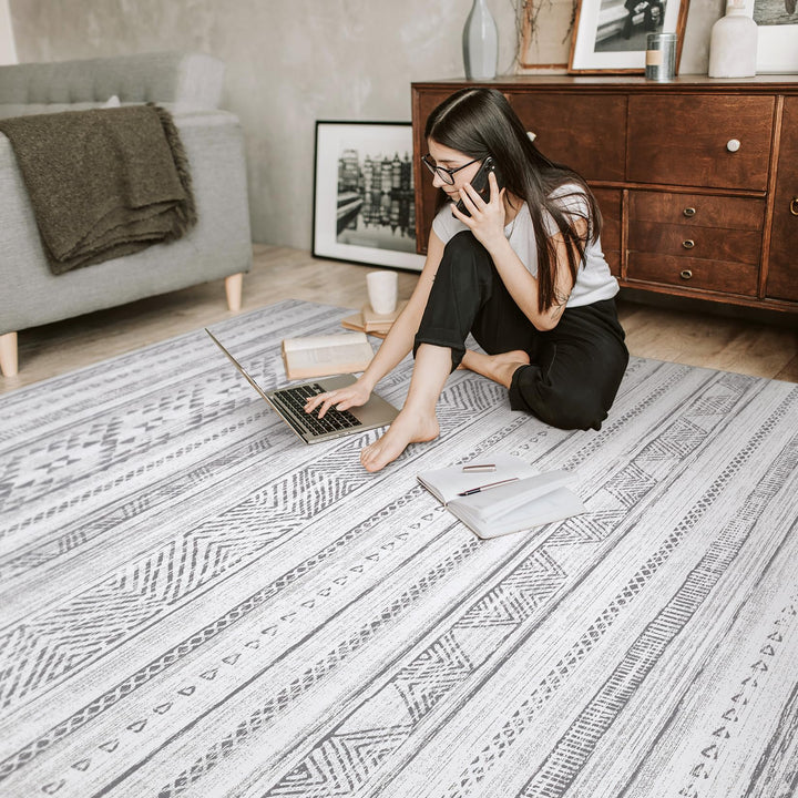 DMOYEST 8x10 Area Rug Living Room Rugs - Washable Large Soft Boho Neutral Geometric Moroccan Modern Rug for Bedroom Dining Room Home Office Non Slip Low Pile Farmhouse Carpet Indoor - Cream Grey 