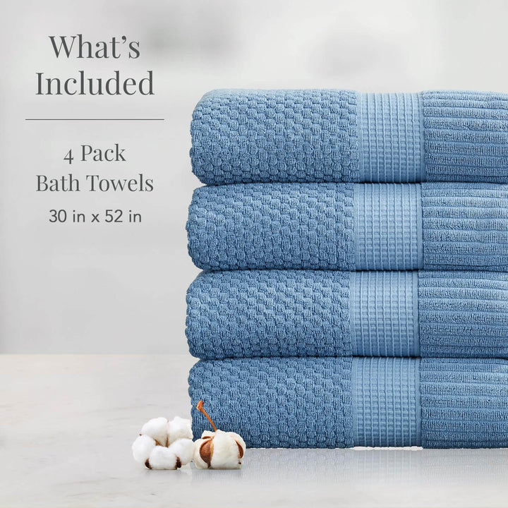 NY Loft 100% Cotton Bath Towel 4 Pack | Super Soft & Absorbent Quick-Dry Bath Towels 30" x 52" |Textured and Durable Cotton | Trinity Collection (4 Pack Bath Towel, Blue Shadow) 