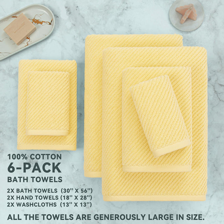 Yellow Towels for Bathroom - 100% Cotton | Quick Dry | Light Weight | Thick | Soft , 6 Piece Towel Set, 2 Large Bath Towels 30"x56", 2 Hand Towels 18"x28", 2 Washcloths 13"x13", Towel Gift Set VOOVA & MOVAS