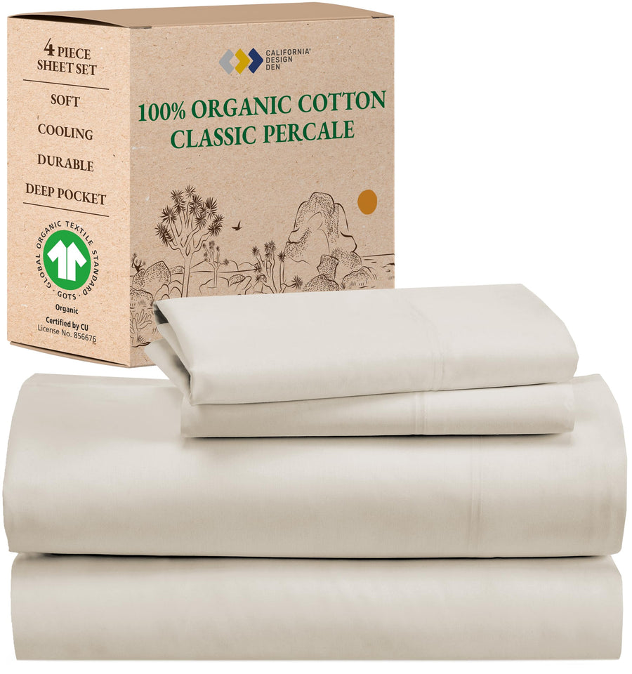 California Design Den 100% Organic Cotton Queen Sheet Set, Deep Pockets, Percale Sheets Queen, Soft Cooling Sheets, GOTS Certified 4 Piece Cotton Bed Sheets Queen, Ivory Sheets California Design Den