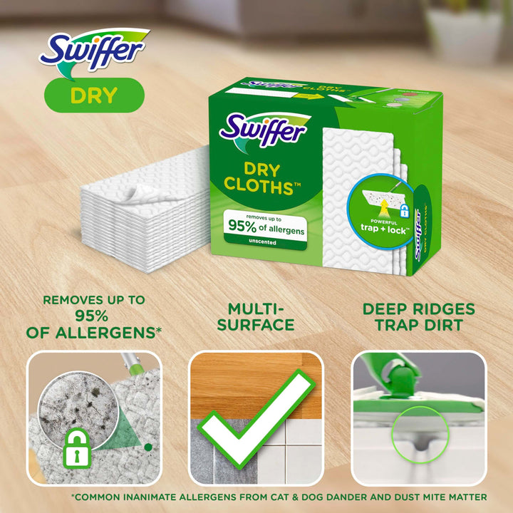 Swiffer Sweep + Mop, Dry Pads Refill, Floor Cleaner for Dirt, Dust, Hair, Cleaning Cloths for Mopping Home, Bathroom, Kitchen, Dust Mop, Floor Duster, Unscented, 52ct