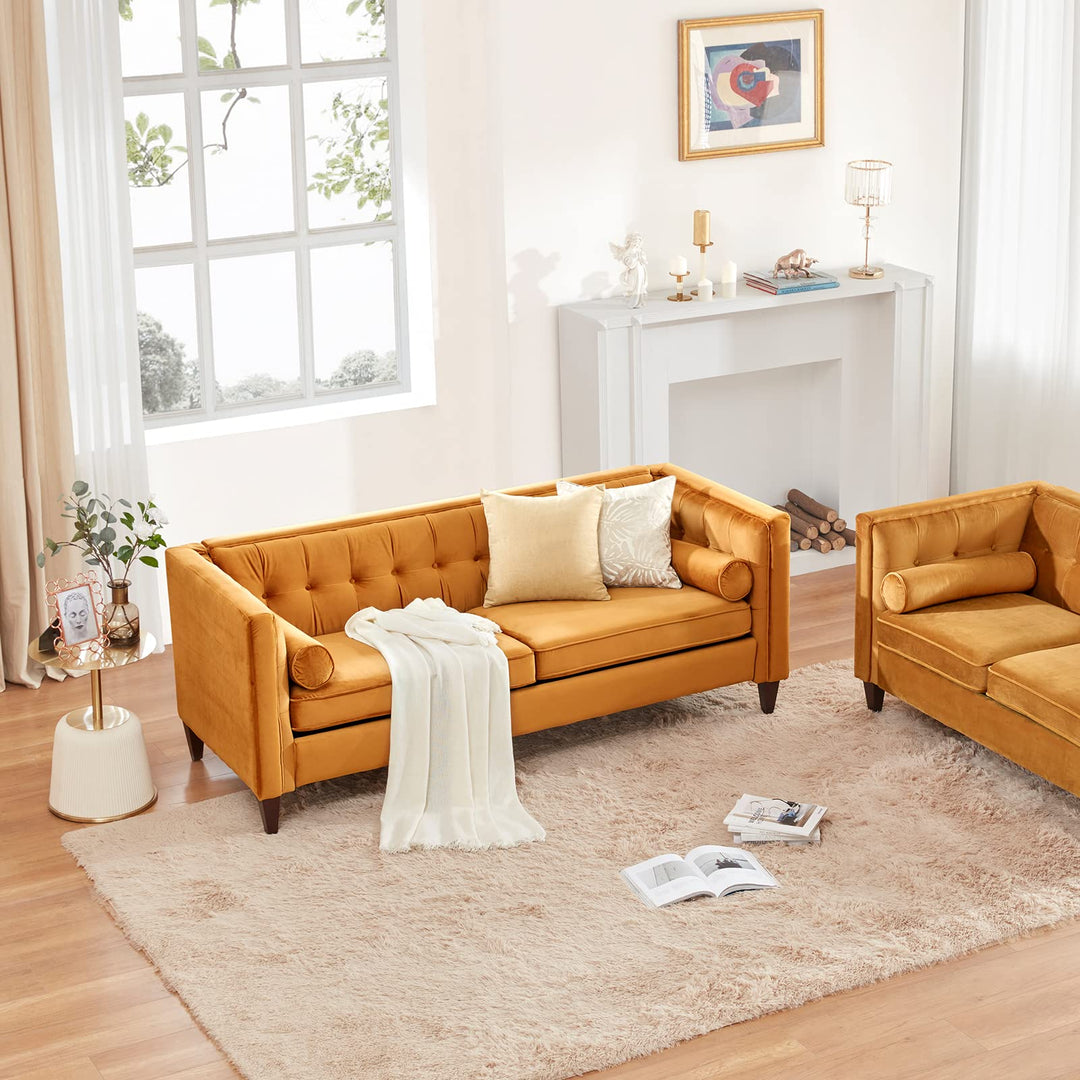 Dreamsir 78'' W Velvet Sofa, Mid-Century Love Seats Sofa Furniture with Bolster Pillows, Button Tufted Couch for Living Room, Tool-Free Assembly (Sofa, Ginger) 