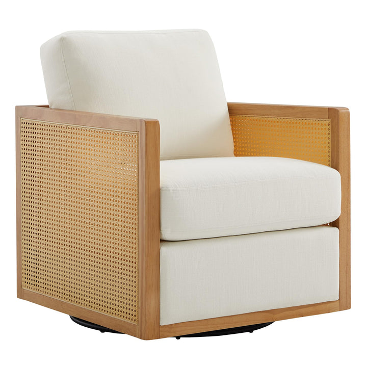 CHITA Swivel Accent Chair, Rattan Arm Chair for Living Room and Bedroom, Cream Fabric with Natural Frame 