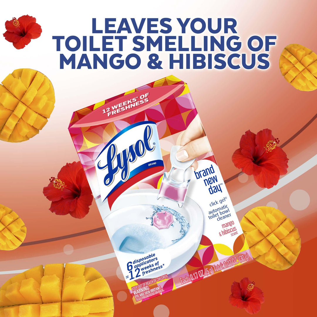 Lysol Click Gel Automatic Toilet Bowl Cleaner, Gel Toilet Bowl Cleaner, For Cleaning and Refreshing, Mango & Hibiscus, 6 Count (Pack of 1)