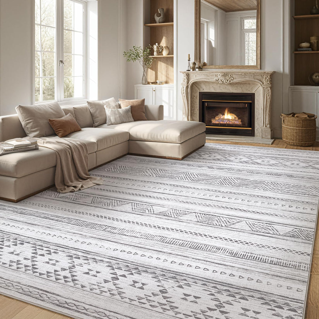 DMOYEST 8x10 Area Rug Living Room Rugs - Washable Large Soft Boho Neutral Geometric Moroccan Modern Rug for Bedroom Dining Room Home Office Non Slip Low Pile Farmhouse Carpet Indoor - Cream Grey 