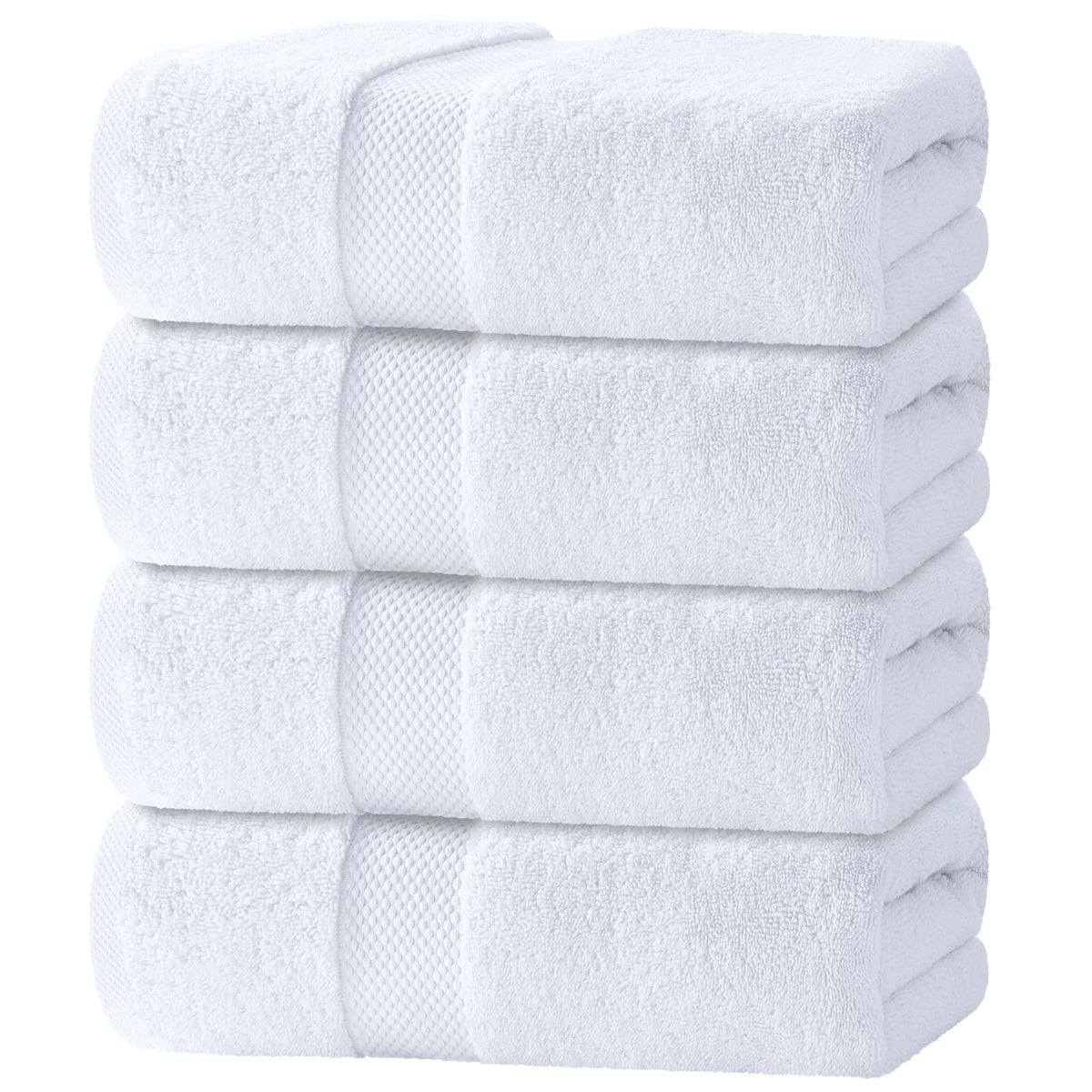 Stack of four folded white cotton bath towels with a woven border band
