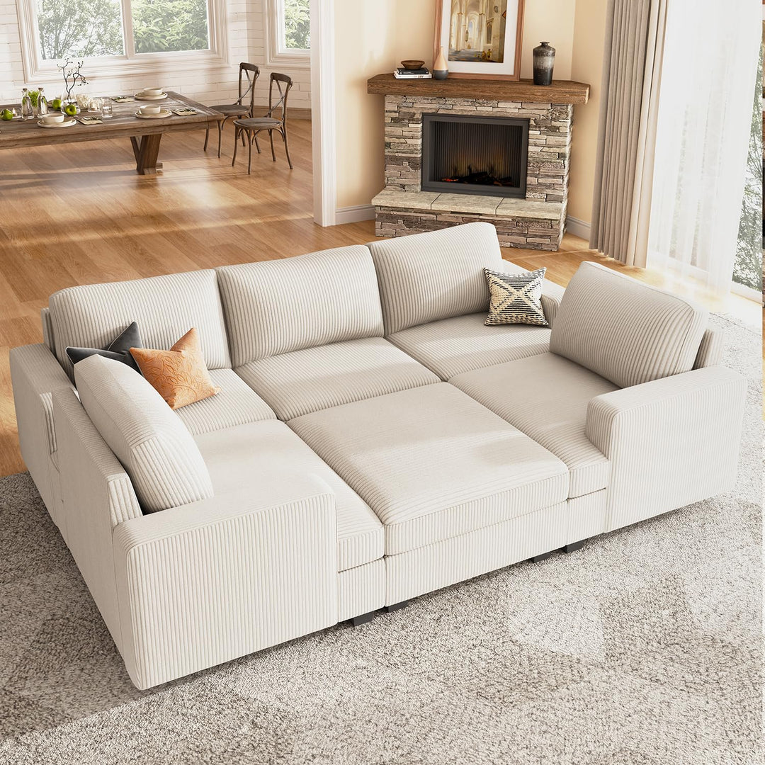 Nolany Modular Sectional Couch with Storage Ottoman, Corduroy Sleeper Sectional Sofa with Chaise, Sectional Couches for Living Room, Beige 