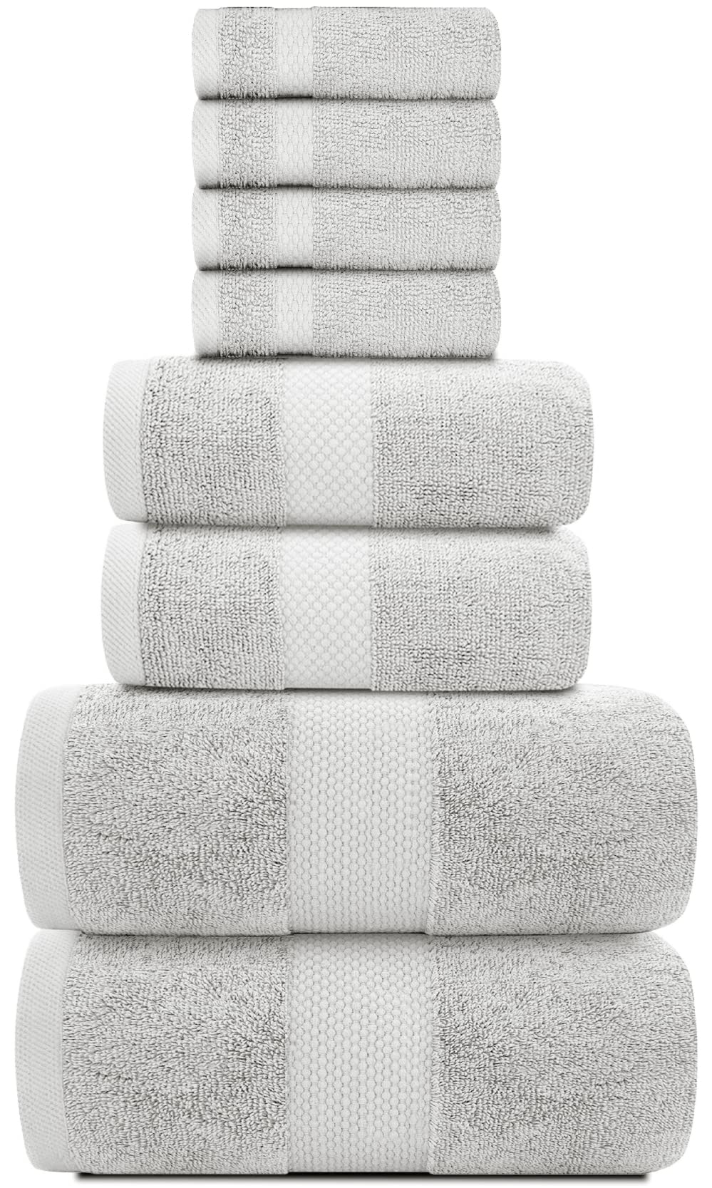 White Classic Luxury Silver Bath Towel Set - Combed Cotton Hotel Quality Absorbent 8 Piece Towels | 2 Bath Towels | 2 Hand Towels | 4 Washcloths [Worth $72.95] 8 Pack | Silver White Classic