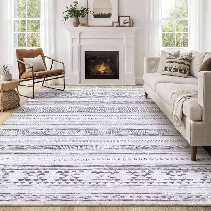 DMOYEST 8x10 Area Rug Living Room Rugs - Washable Large Soft Boho Neutral Geometric Moroccan Modern Rug for Bedroom Dining Room Home Office Non Slip Low Pile Farmhouse Carpet Indoor - Cream Grey 