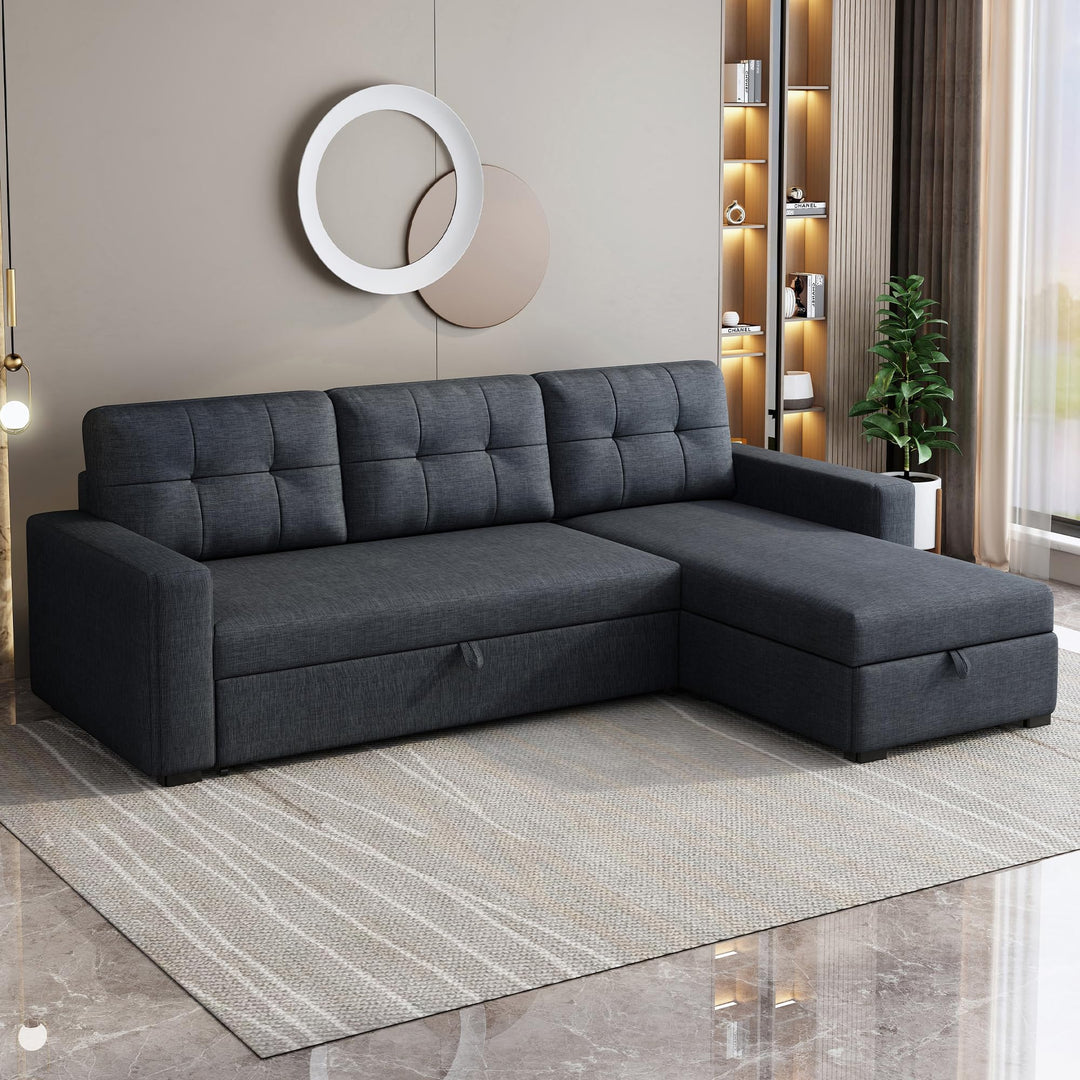 YOPTO Sectional Sleeper Sofa with Storage Chaise,Convertible L Shaped Pull Out Couch Bed with 3 Removable Back Cushion for Living Room, Apartment,Office,Dark Grey,81.5" 