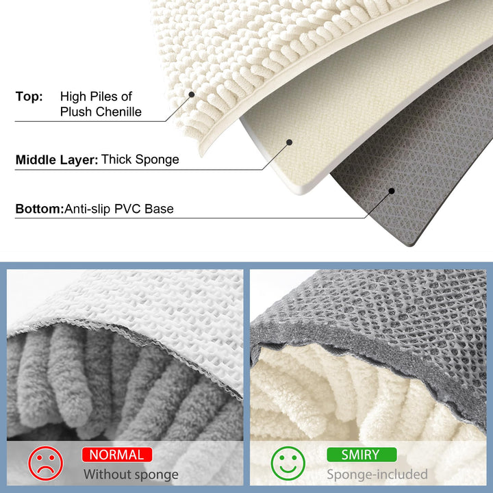 Layer diagram of the Smiry bath mat: plush chenille top, sponge middle layer and anti-slip PVC base