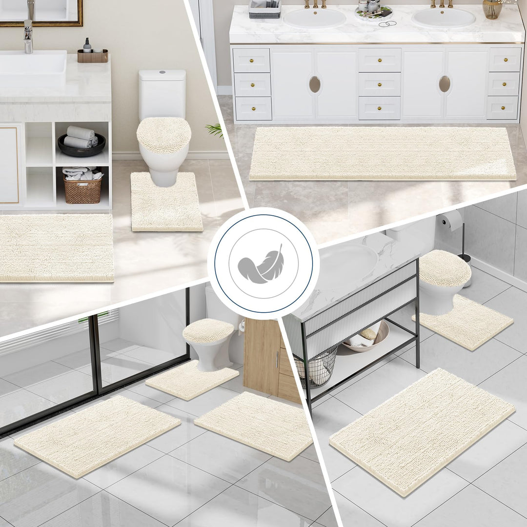 Collage of ivory Smiry chenille mats placed by toilets, tubs and vanities in bathrooms