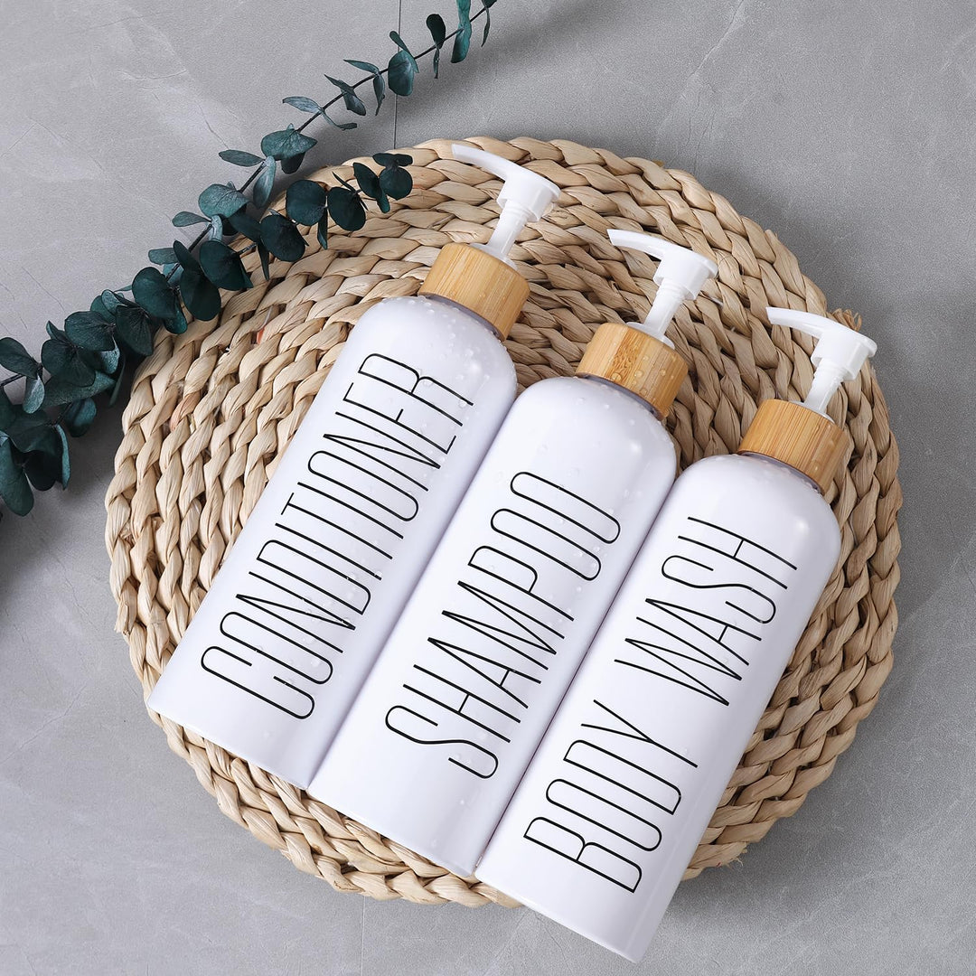 HOMCDALY Shampoo and Conditioner Dispenser, 16oz 3-Pack Refillable Shampoo and Conditioner Bottles, Empty Shampoo Bottles Refillable with Bamboo Pump, Bathroom Shower Shampoo Dispenser Set HOMCDALY