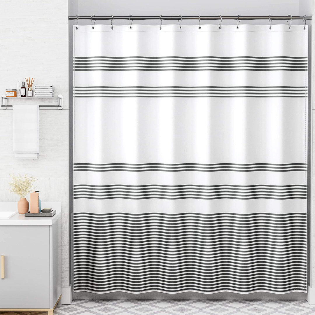 AmazerBath Shower Curtain, Washable Cloth Black Shower Curtain Sets with 12 Shower Curtain Hooks, Fabric Rustic Black and White Striped Shower Curtain, Farmhouse Bathroom Shower Curtain, 72x72 Inches 