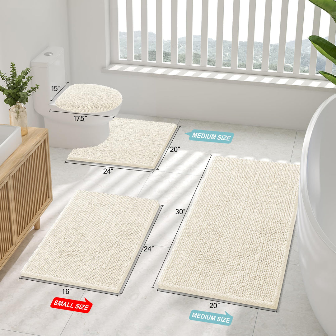 Size guide of ivory Smiry chenille mats on a bathroom floor, including the 30 × 20 inch medium size