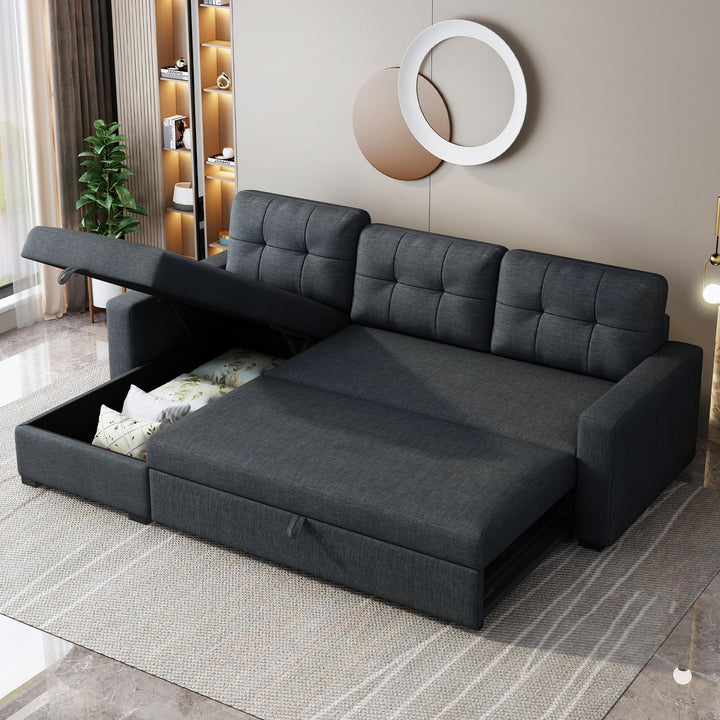 YOPTO Sectional Sleeper Sofa with Storage Chaise,Convertible L Shaped Pull Out Couch Bed with 3 Removable Back Cushion for Living Room, Apartment,Office,Dark Grey,81.5" 