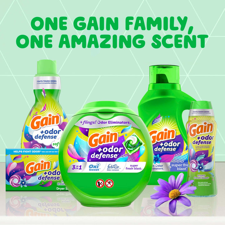 Gain + Odor Defense Liquid Laundry Detergent Super Fresh Blast Scent, HE Compatible, 107 Loads 154 fl oz, Gain Laundry Detergent, Liquid Laundry Detergent