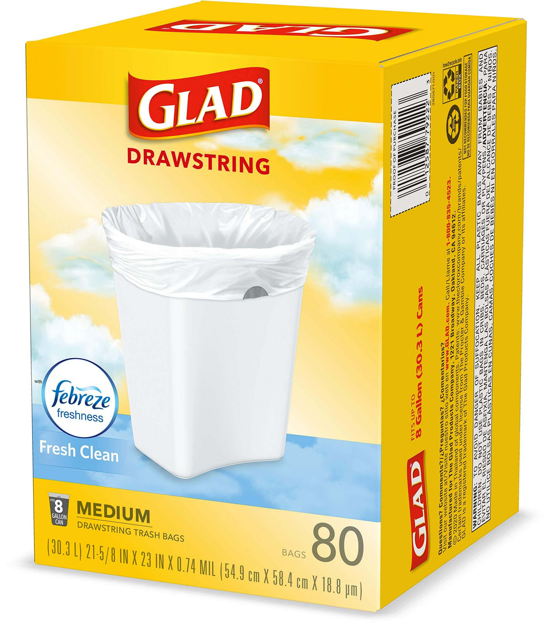 Glad Medium Kitchen Drawstring Trash Bags, 8 Gal, Fresh Clean Scent, 80 Ct (Package May Vary)