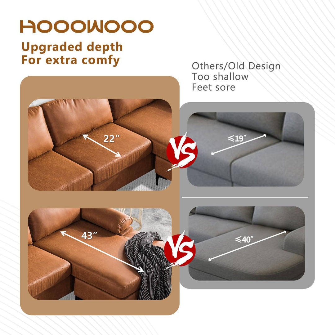 HOOOWOOO Faux Suede Leather L Shaped Couch,100" Sectional Sofa with Reversible Left/Right Facing Chaise,Modern Comfy Deep Seat Couch for Living Room Office Small Space,Cognac Brown 