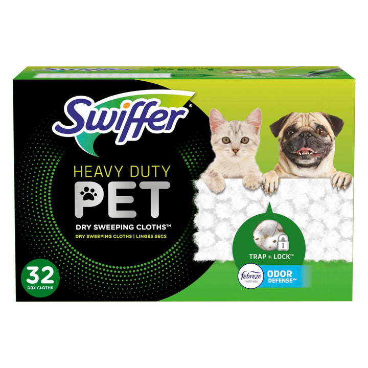 Swiffer Sweeper Pet, Heavy Duty Dry Sweeping Cloth Refills with Febreze Odor Defense, Floor Cleaning, 32 Count