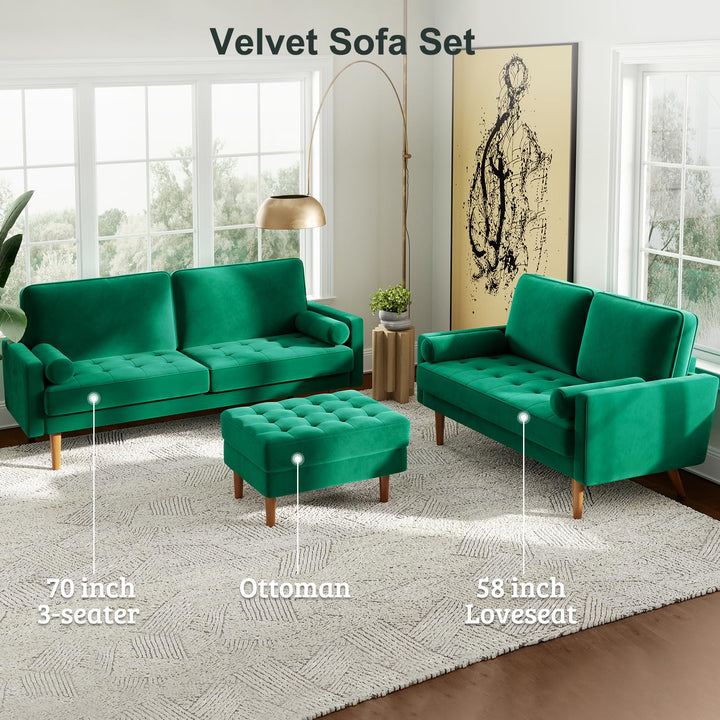 Vesgantti Loveseat Sofa, 58" Green Velvet Couch Small Couch Love Seat Sofa with Tufted Seat, Mid Century Modern Couch for Living Room, Bedroom, Office, Apartment (58 Inch, Green) 