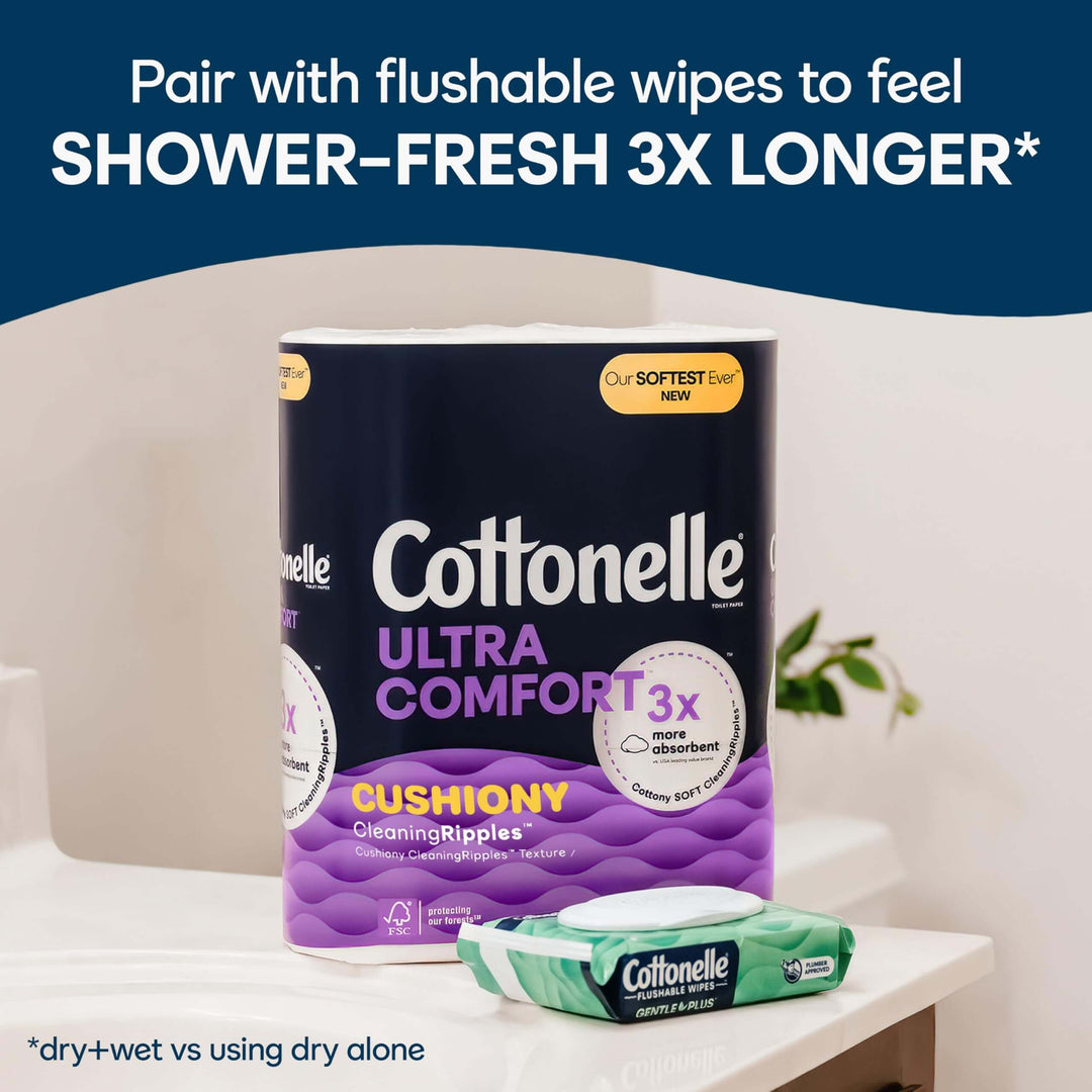 Cottonelle Ultra Comfort Toilet Paper with Cushiony CleaningRipples Texture, Strong Bath Tissue, 24 Family Mega Rolls (24 Family Mega Rolls = 108 Regular Rolls) (4 Packs of 6), 296 Sheets per Roll