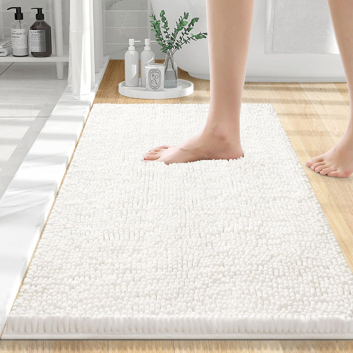 Smiry Luxury Chenille Bath Rug 24''x16'', Extra Soft and Absorbent Shaggy Bathroom Mat Rugs, Machine Washable, Non-Slip Plush Carpet Runner for Tub, Shower, and Bath Room, Ivory Smiry