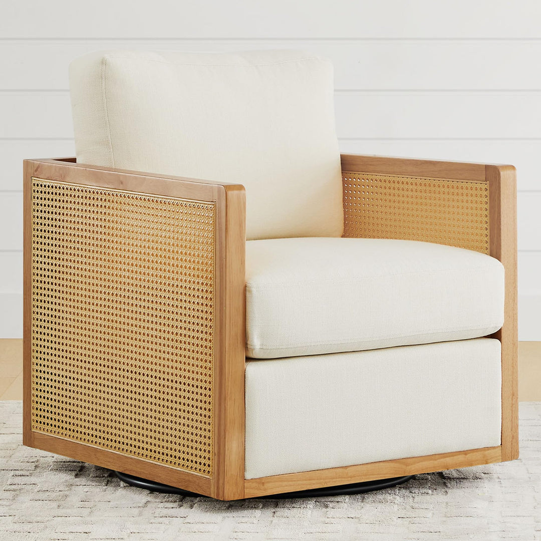 CHITA Swivel Accent Chair, Rattan Arm Chair for Living Room and Bedroom, Cream Fabric with Natural Frame 