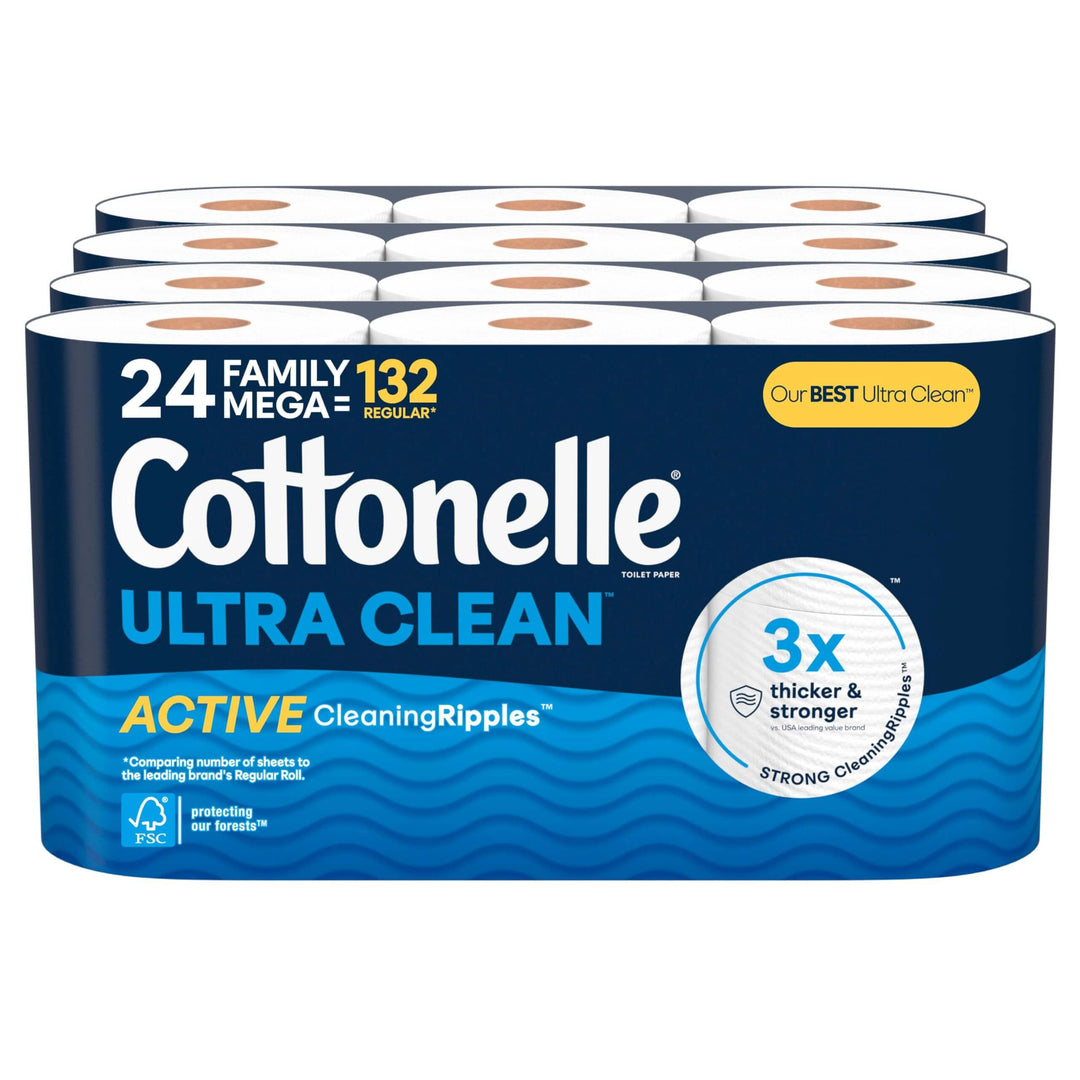 Cottonelle Ultra Clean Toilet Paper with Active CleaningRipples Texture, Strong Bath Tissue, 24 Family Mega Rolls (24 Family Mega Rolls = 132 Regular Rolls) (4 Packs of 6), 353 Sheets per Roll