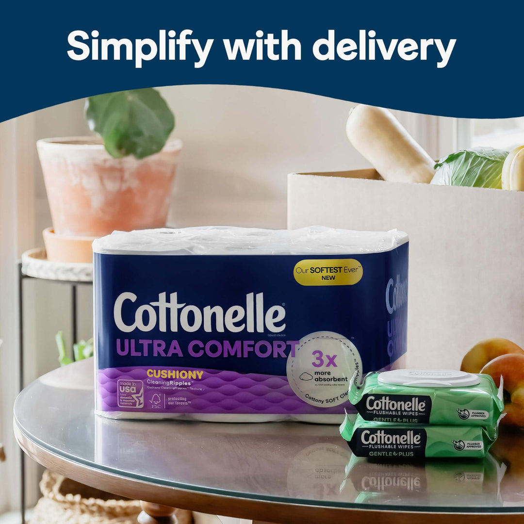 Cottonelle Ultra Comfort Toilet Paper with Cushiony CleaningRipples Texture, Strong Bath Tissue, 24 Family Mega Rolls (24 Family Mega Rolls = 108 Regular Rolls) (4 Packs of 6), 296 Sheets per Roll