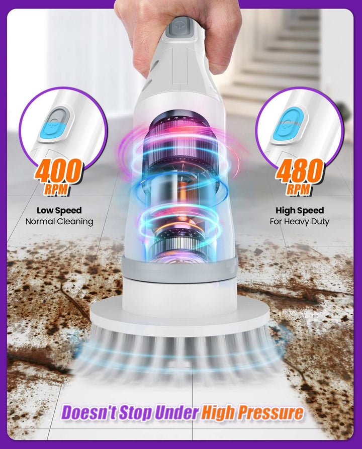 Electric Spin Scrubber, Cordless Cleaning Brush 6 Replaceable Brush Heads, 2H Power Dual Speed, Shower Scrubber with IPX7 Waterproof Extension Handle