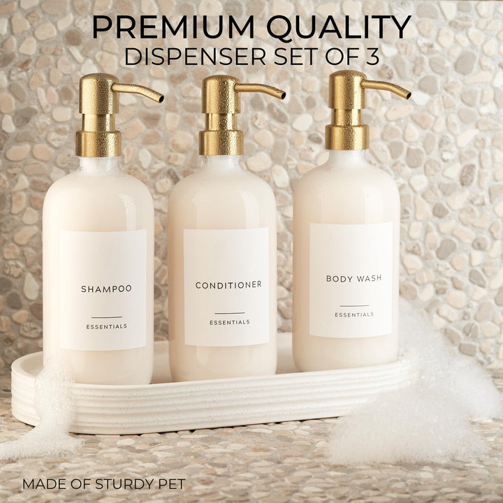 Stylish Shampoo and Conditioner Dispenser Set of 3 - Modern 21oz Shower Soap Bottles with Pump and Labels - Easy to Refill Body Wash Dispensers for an Instant Bathroom Decor Upgrade Clear KIBAGA