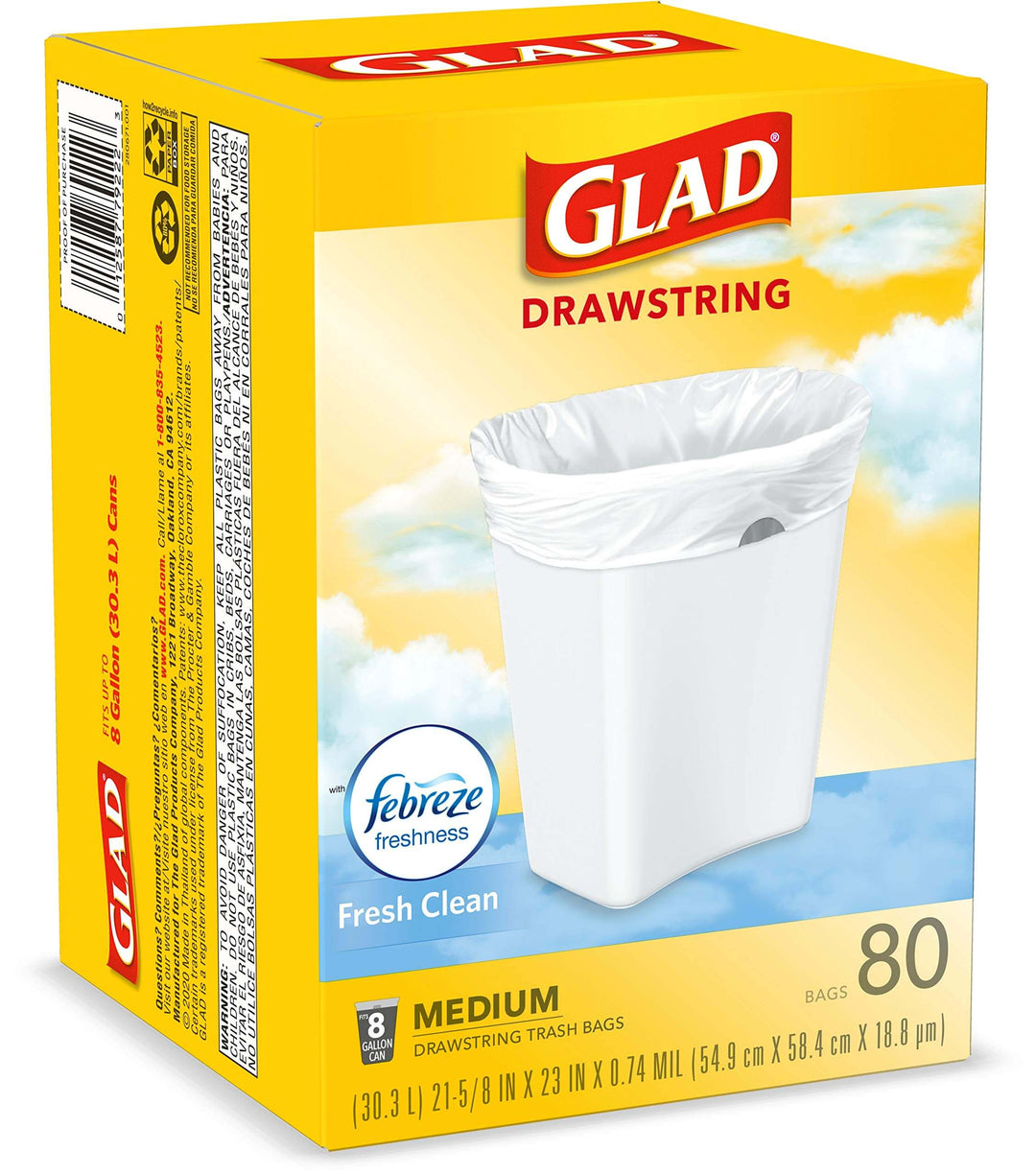 Glad Medium Kitchen Drawstring Trash Bags, 8 Gal, Fresh Clean Scent, 80 Ct (Package May Vary)