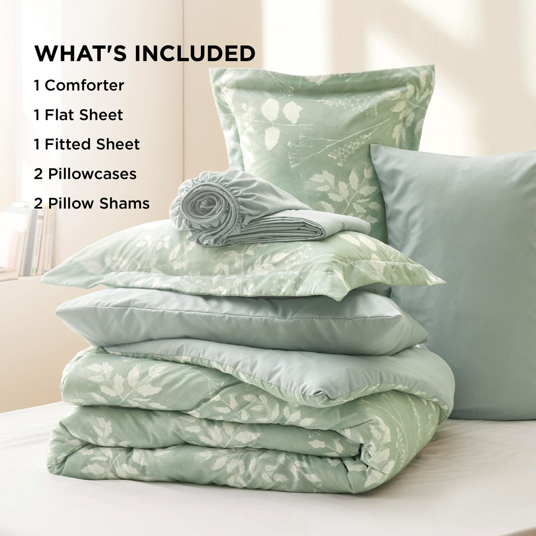 Bedsure Queen Comforter Set - 7 Pieces Sage Green Floral Bedding Sets Queen Bed in a Bag with Reversible Botanical Flowers Comforter, Sheets, Pillowcases & Shams Bedsure