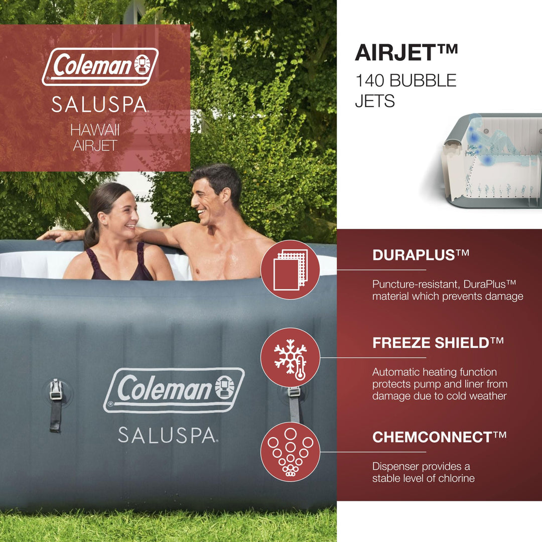 Coleman SaluSpa AirJet 4 to 6 Person Inflatable Hot Tub Square Portable Outdoor Spa with 114 Soothing AirJets and Insulated Cover, Gray Coleman